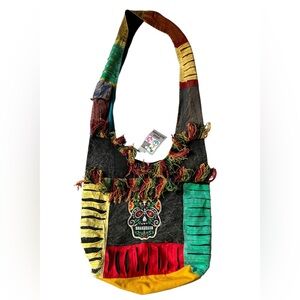 India Boutique 100% Cotton Hobo Bag Sugar Skull Embroidered Rasta Design - NWT